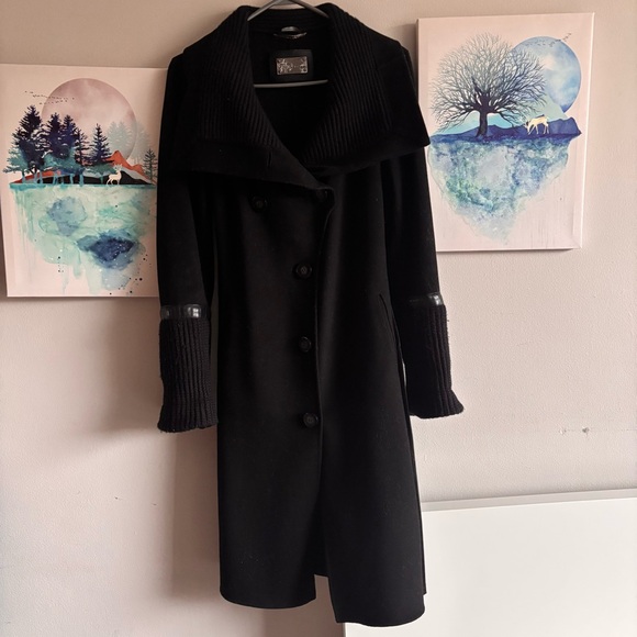 Mackage Black Wool Blend Mid-Length Jacket Leather Detail Womens XS Belted Chic - Picture 7 of 7